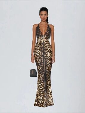 Vazvara Halterneck Lace Leopard Maxi Dress